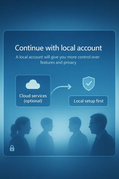 Blue onboarding screen: “Continue with local account,” noting better privacy and local setup first.