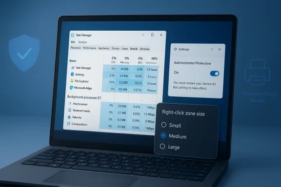 Laptop displaying Windows Task Manager and security settings, including “Administrator Protection” and “Right-click zone size.”