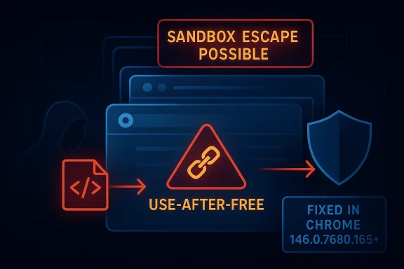 Neon cybersecurity graphic warning “Sandbox escape possible” and “Use-after-free,” with fixed-in Chrome version.