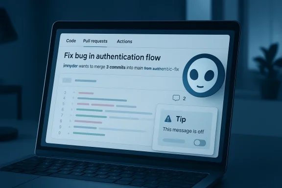 Laptop screen shows a GitHub pull request titled “Fix bug in authentication flow” with a tip message and emoji.