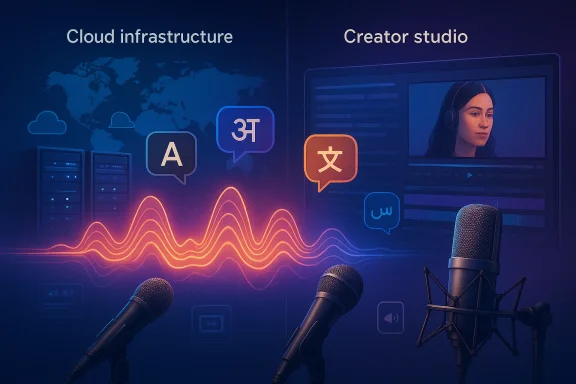 Neon cloud-and-coding illustration with microphones and waveform, labeled “Cloud infrastructure” and “Creator studio.”