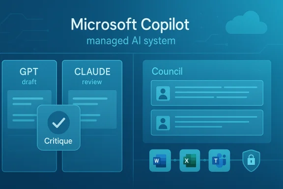 Microsoft Copilot managed AI system graphic showing GPT draft, CLAUDE review, and a Council approval flow.