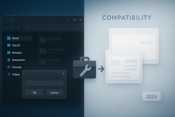 Mock UI shows Windows “compatibility” update with a file folder icon and a system settings dialog.