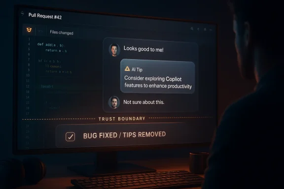Developer reviewing a GitHub pull request on a monitor with “AI Tip” and “BUG FIXED / TIPS REMOVED.”