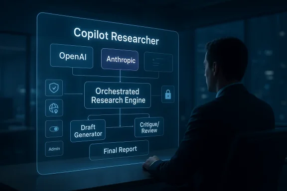 A man reviews a holographic UI showing “Copilot Researcher” and an orchestrated research engine pipeline.