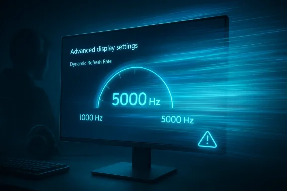 Monitor display shows “Advanced display settings” with a dynamic refresh rate gauge reading 5000 Hz.