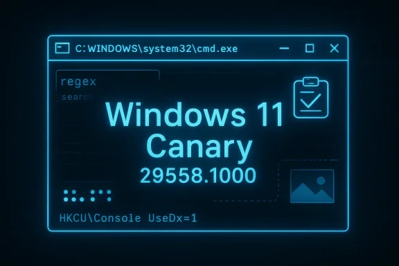 Neon Windows 11 Canary registry editor command prompt screen with version 29558.1000 display.