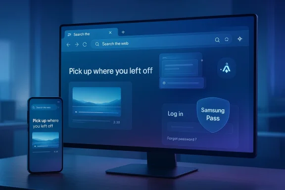 Blue-toned devices display “Pick up where you left off” and “Samsung Pass” login screen. Blue-toned devices display “Pick up where you left off” and “Samsung Pass” login screen.
