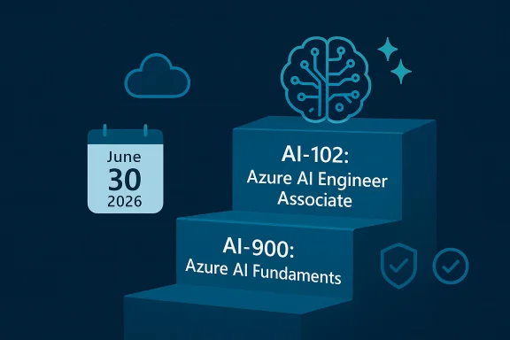 Blue tech illustration showing Azure AI certifications with dates: June 30, 2026 and AI-102/AI-900.