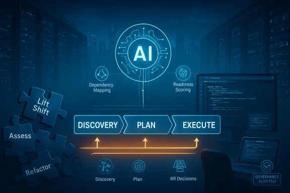 AI-driven DevOps pipeline in a server room, showing “DISCOVERY, PLAN, EXECUTE” with readiness scoring and governance.