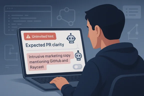 A programmer watches a laptop warning: “Uninvited hint” and “Expected PR clarity,” about intrusive marketing copy.
