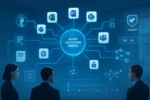 Abstract tech graphic showing an “Agent Execution Engine” network with file and security icons.
