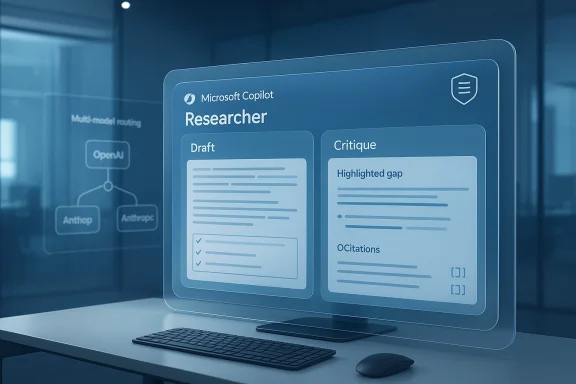 A Microsoft Copilot Researcher interface displays draft and critique panels on a monitor in a blue office setting.