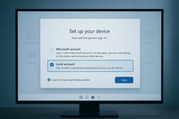 Windows setup screen asking how to sign in, with “Local account” selected.