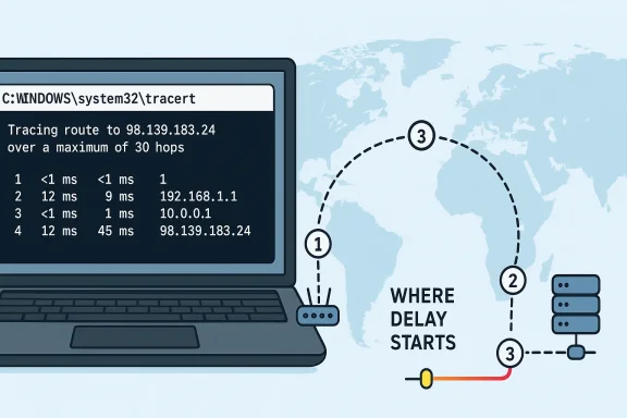 Laptop shows a traceroute to 98.139.183.24 with a map tracing network path and delay points.