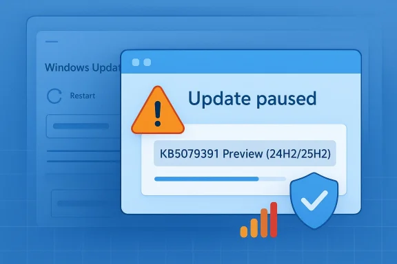 Windows update paused screen with warning icon, KB5079391 preview, and shield/check illustration. Windows update paused screen with warning icon, KB5079391 preview, and shield/check illustration.