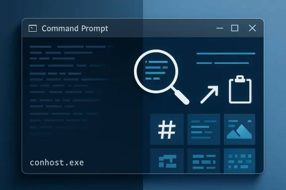 Blue command prompt window with blurred code, icons, and a search magnifier graphic.