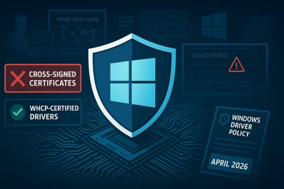 Digital cybersecurity graphic showing a shield over Windows driver policy, legacy device warning, and certified drivers.