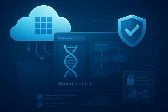 Cloud and shield security with a DNA icon and connected network, labeled “Broad Institute” on a blue tech background.