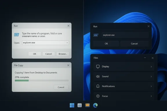 Windows 11 desktop showing Run dialog, file copy progress, and Files settings window.