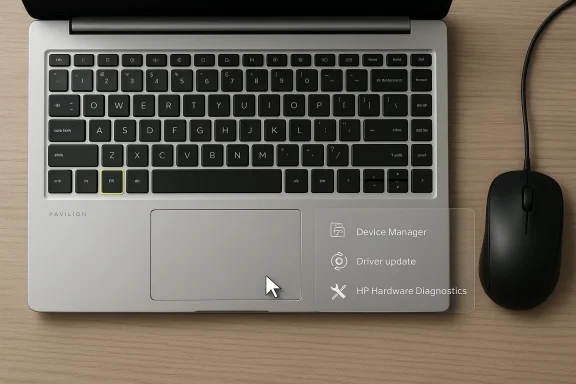 Top-down view of a laptop with Device Manager, driver update, and HP Hardware Diagnostics panels on screen.