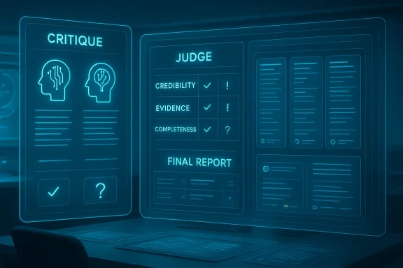Neon-blue digital interface shows “CRITIQUE,” “JUDGE,” and “FINAL REPORT” with credibility evidence checks.