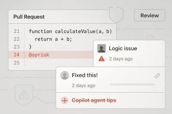 GitHub pull request screen shows a code change, “Logic issue” warning, and “Fixed this!” update.