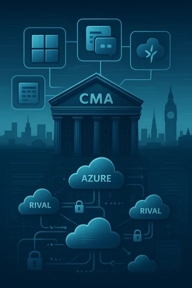 Neon tech diagram showing cloud servers labeled AZURE and RIVAL with CMA hardware at center. Neon tech diagram showing cloud servers labeled AZURE and RIVAL with CMA hardware at center.