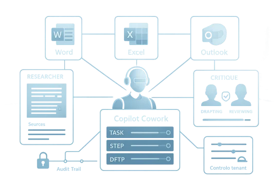 Futuristic diagram showing a Copilot coworker workflow with Word, Excel, and Outlook tools. Futuristic diagram showing a Copilot coworker workflow with Word, Excel, and Outlook tools.