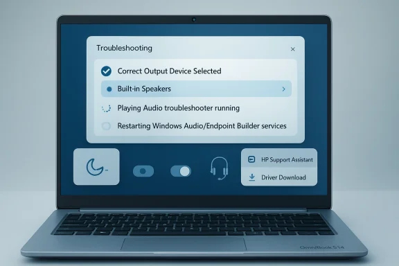 Laptop screen shows Windows “Troubleshooting” audio settings with built-in speakers selected.