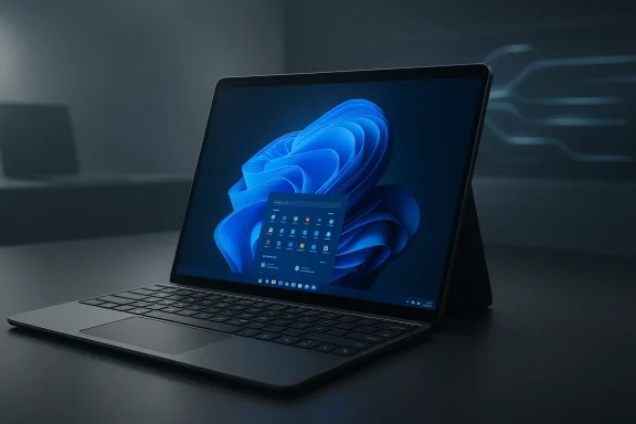 Close-up of a laptop displaying the Windows 11 blue swirl wallpaper in a dark studio setting.