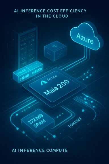 Isometric tech graphic showing Azure cloud AI inference cost efficiency with compute and memory components.