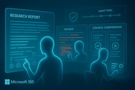 Neon Microsoft 365 style dashboard with research report, critique, audit trail, and council comparison panels.