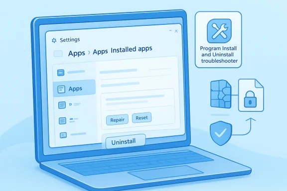 Laptop screen showing Windows-style Settings for Apps with Repair, Reset, and Uninstall options.