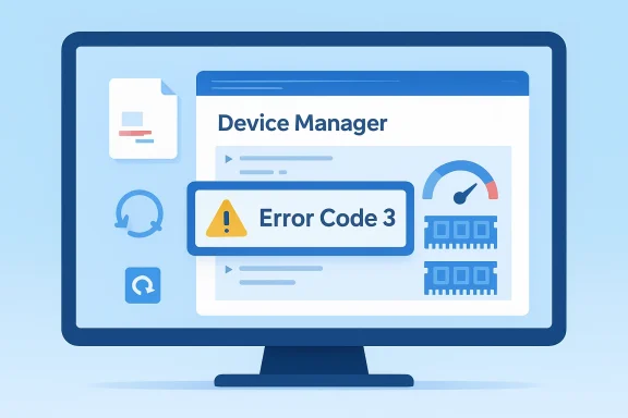 Illustration of a computer screen showing “Device Manager” with an “Error Code 3” warning.