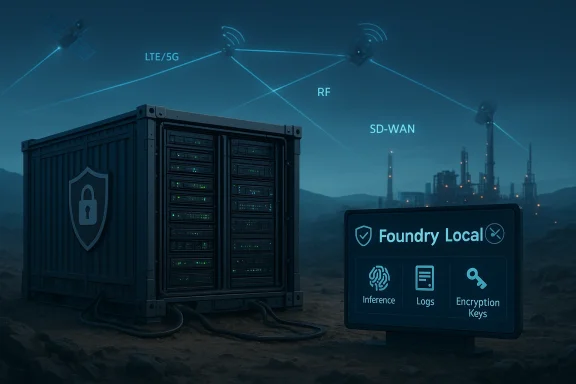 Secure data center in a remote landscape with LTE/5G, RF, and SD-WAN network connections.