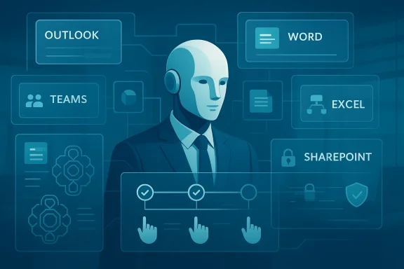 Futuristic business robot selecting file-sharing apps (Outlook, Word, Teams, Excel, SharePoint).