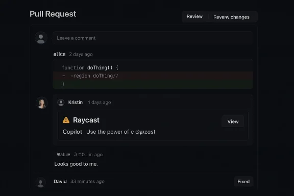 GitHub pull request review screen with code comments and a “Raycast” warning notification.