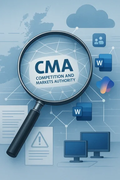 Magnifying glass over a “CMA Competition and Markets Authority” branding illustration with digital network icons.