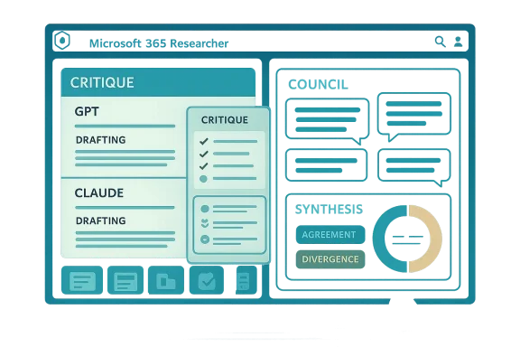 Digital UI on a screen labeled “CRITIQUE” with GPT/Claude drafts and synthesis agreement/divergence chart.