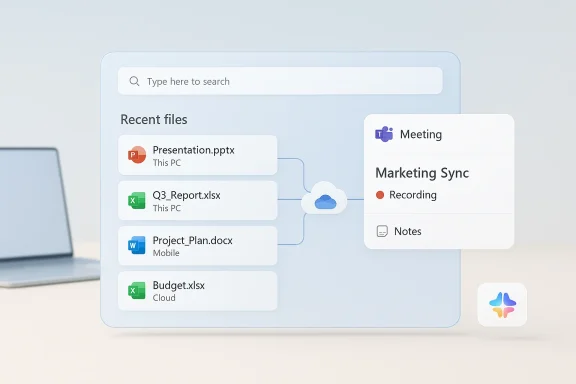 Clean interface showing recent files and a “Meeting: Marketing Sync” panel with document icons.