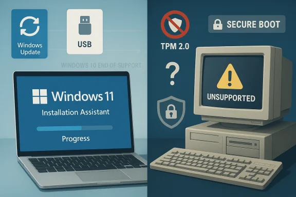 Split image showing Windows 11 installation attempt versus secure boot/TMP 2.0 unsupported warning.