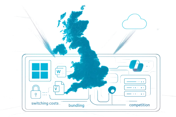 Blue digital globe over a computer interface with cloud and document icons, implying cloud services and competition.