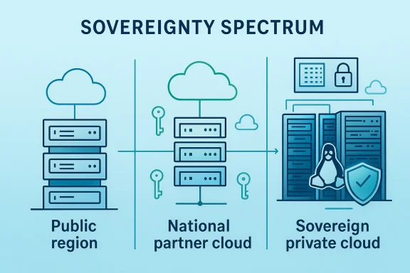 Infographic titled “Sovereignty Spectrum” comparing public, national partner, and sovereign private cloud setups.