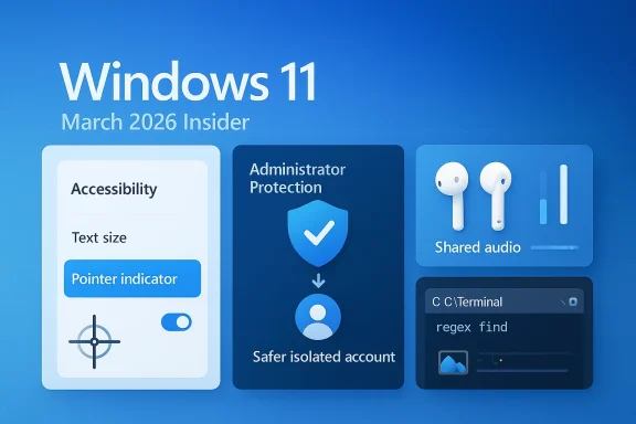 Windows 11 March 2026 Insider preview tiles showing Accessibility, Administrator Protection, and Shared audio.
