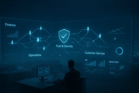 A person at a desk views a blue holographic dashboard showing finance, IT, operations, and trust & security.