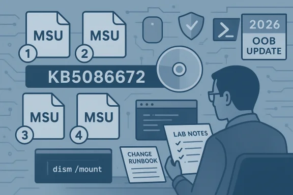 Illustration of Msu backup files and server tools with “KB5086672” and a “2026 OOB Update” panel.