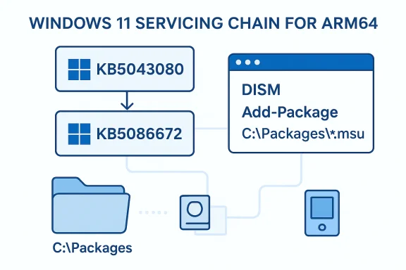 Diagram titled “Windows 11 Servicing Chain for ARM64” showing update KBs feeding DISM Add-Package C:\Packages.