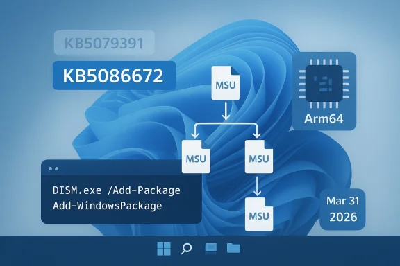 Windows 11 update workflow diagram showing Dism.exe/Add-Package and MSI/ARM64 packages.