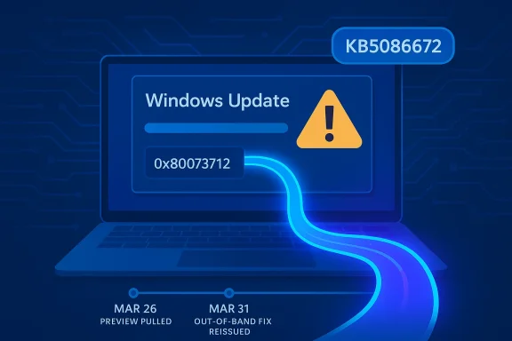 Blue “Windows Update” warning on a laptop screen with error code 0x80073712 and release dates.